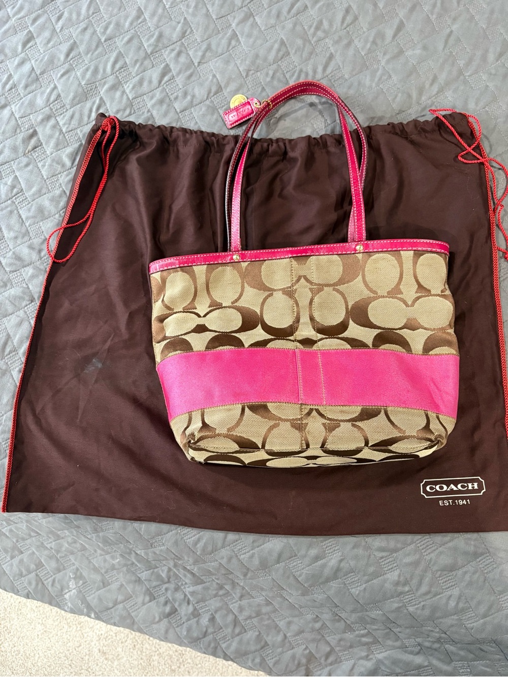 Vintage Coach Reversible Stripe Tote Bag Khaki Pink Canvas with Leather Trim